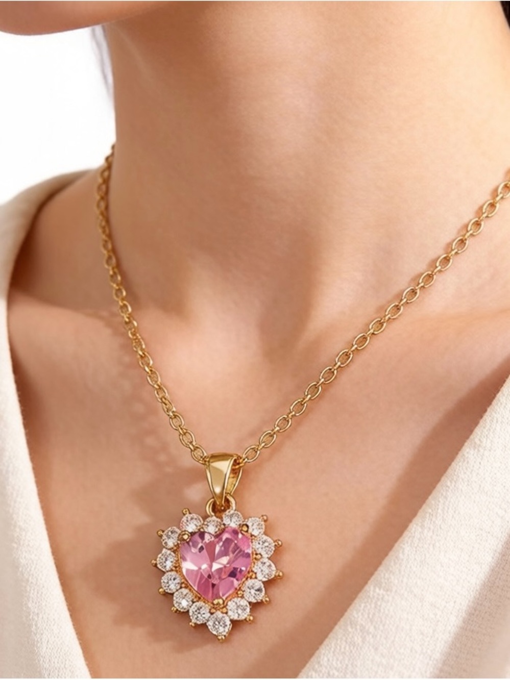 Anthropologie Gold Heart Pendant with Pink Crystal